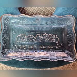 Vintage Tiara Indiana Glass "The Last Supper" trinket tray in pink glass.